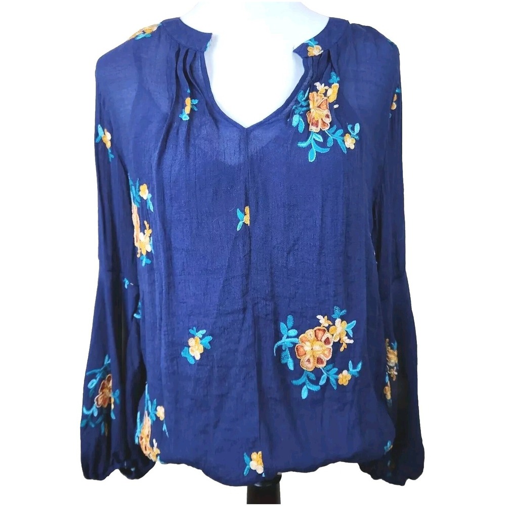 Anthropologie Figueroa Flower Embroidered Top Sz Large Blue Sheer‎ Boho Festival
